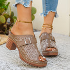 Women's chic buckle detail block heel sandals in premium faux leather, featuring stylish straps and comfortable heel design.