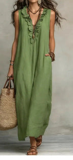 Women's spring summer ruffle pocket dress by Plush Fashion Hub, featuring an elegant design with ruffles and side pockets.