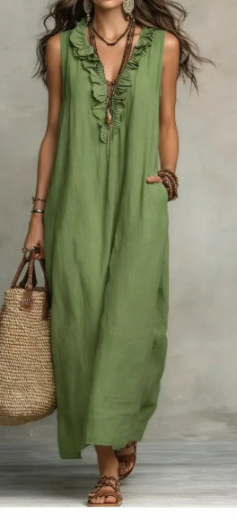 Women's spring summer ruffle pocket dress by Plush Fashion Hub, featuring an elegant design with ruffles and side pockets.
