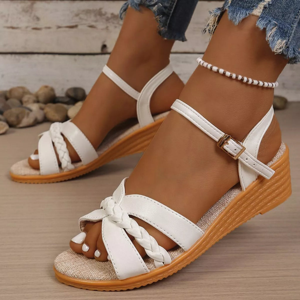 Open toe wedge sandals by Shopimist featuring tan straps and cork heels, perfect for summer casual wear.