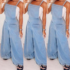 Women’s sleeveless wide-leg denim jumpsuit by Plush Fashion Hub, featuring a casual crew neck design and relaxed fit.