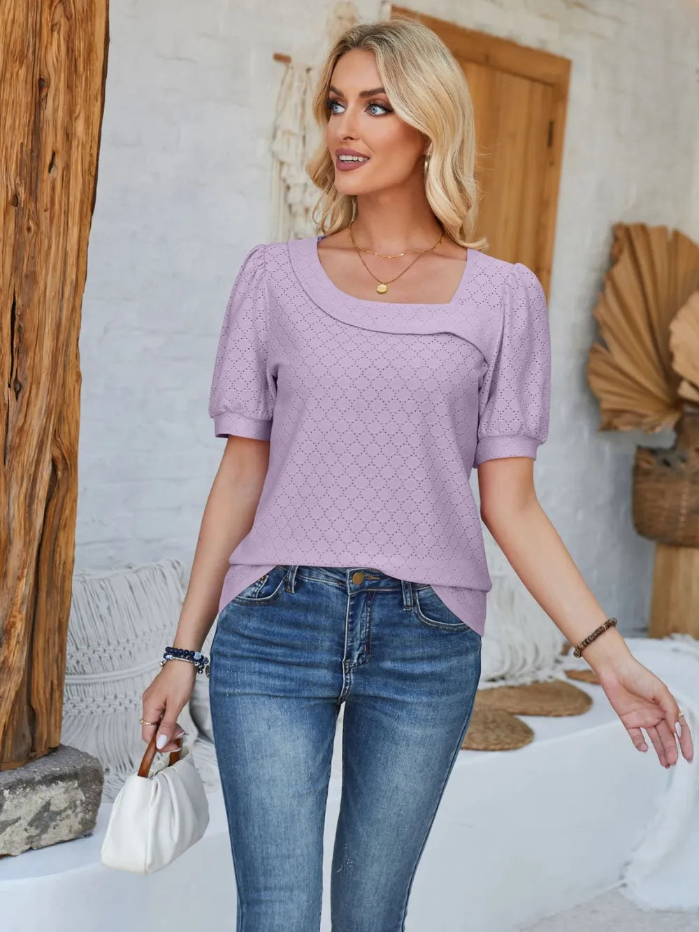 Plush Fashion Hub eyelet asymmetrical neck short sleeve t-shirt, stylish tops with unique neckline and casual fit, black color