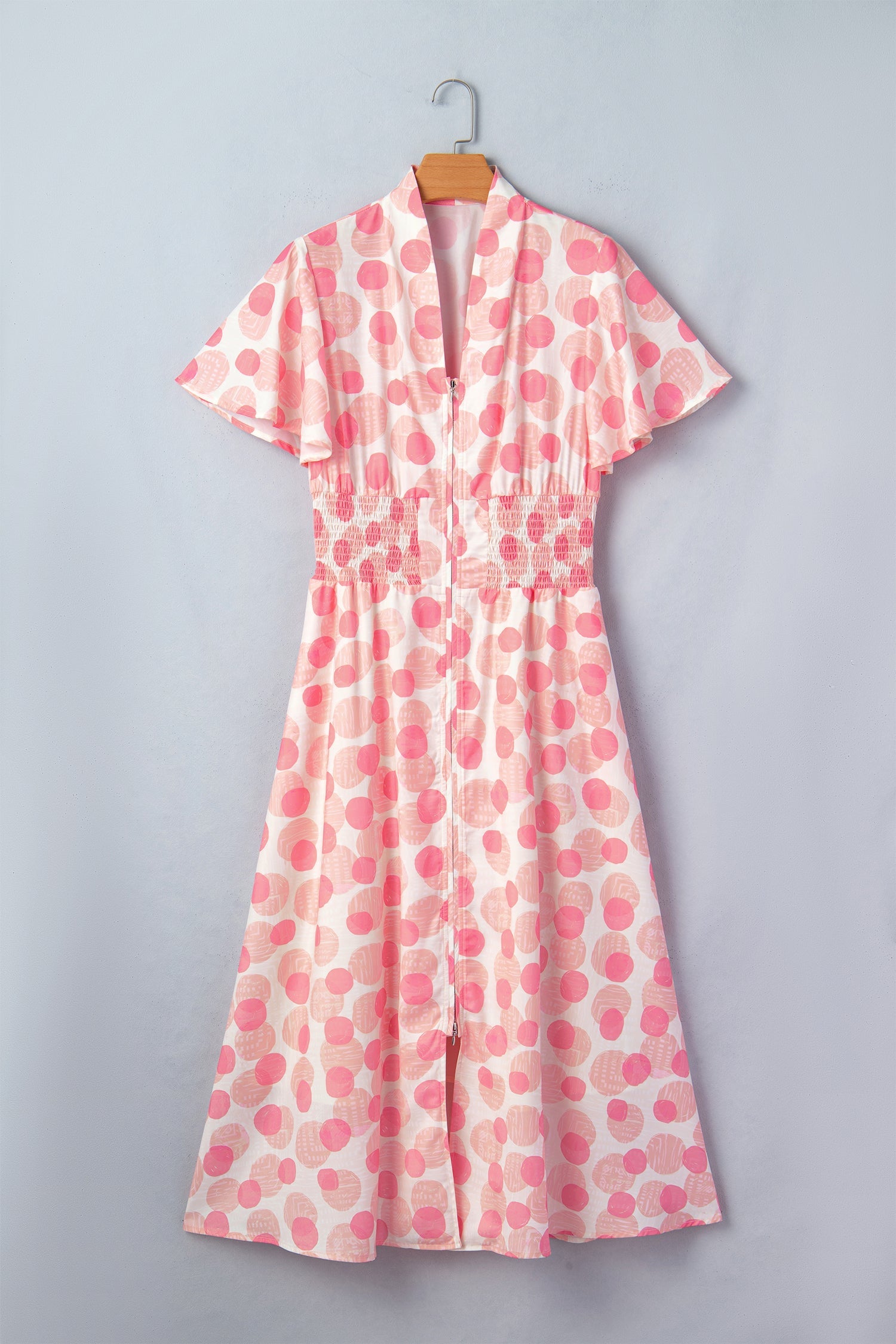 Threaded Pear Talia Zip Up Long Maxi Dress, stylish and elegant full-length dress with zip closure, displayed on a hanger.
