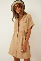 Women's cotton linen loose-fit workwear jumpsuit with pockets, stylish and comfortable romper from Plush Fashion Hub.