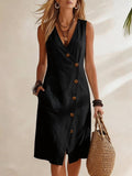 Women's casual FitiqueFit resort V-neck sleeveless midi dress with asymmetrical button details, perfect for warm weather.