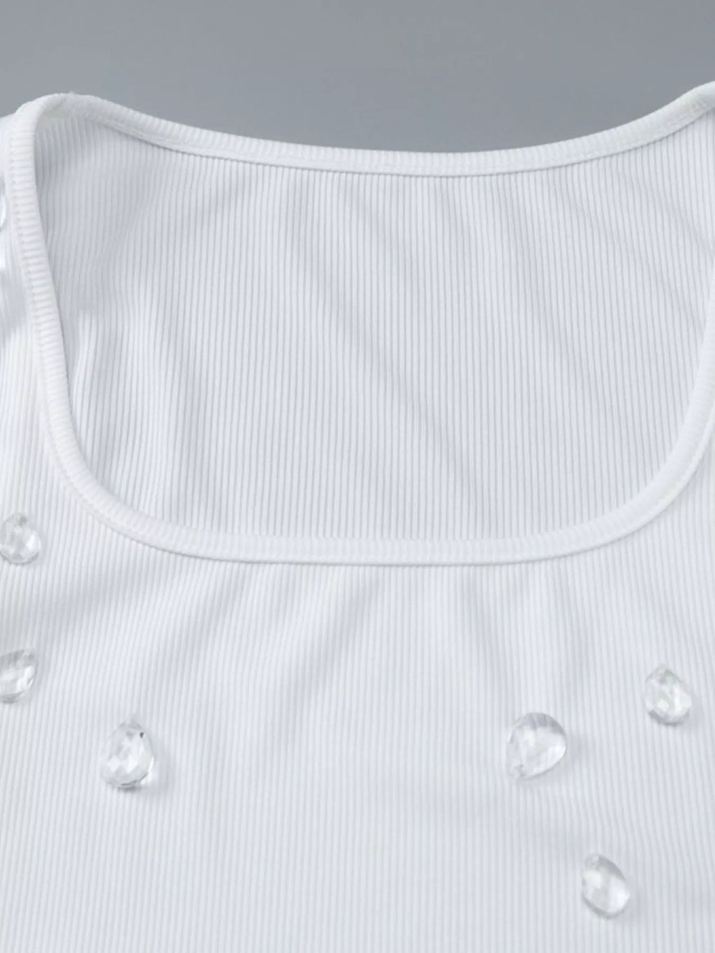 Bead embellished square neck tank top by Shopimist featuring intricate beadwork and a stylish square neckline.