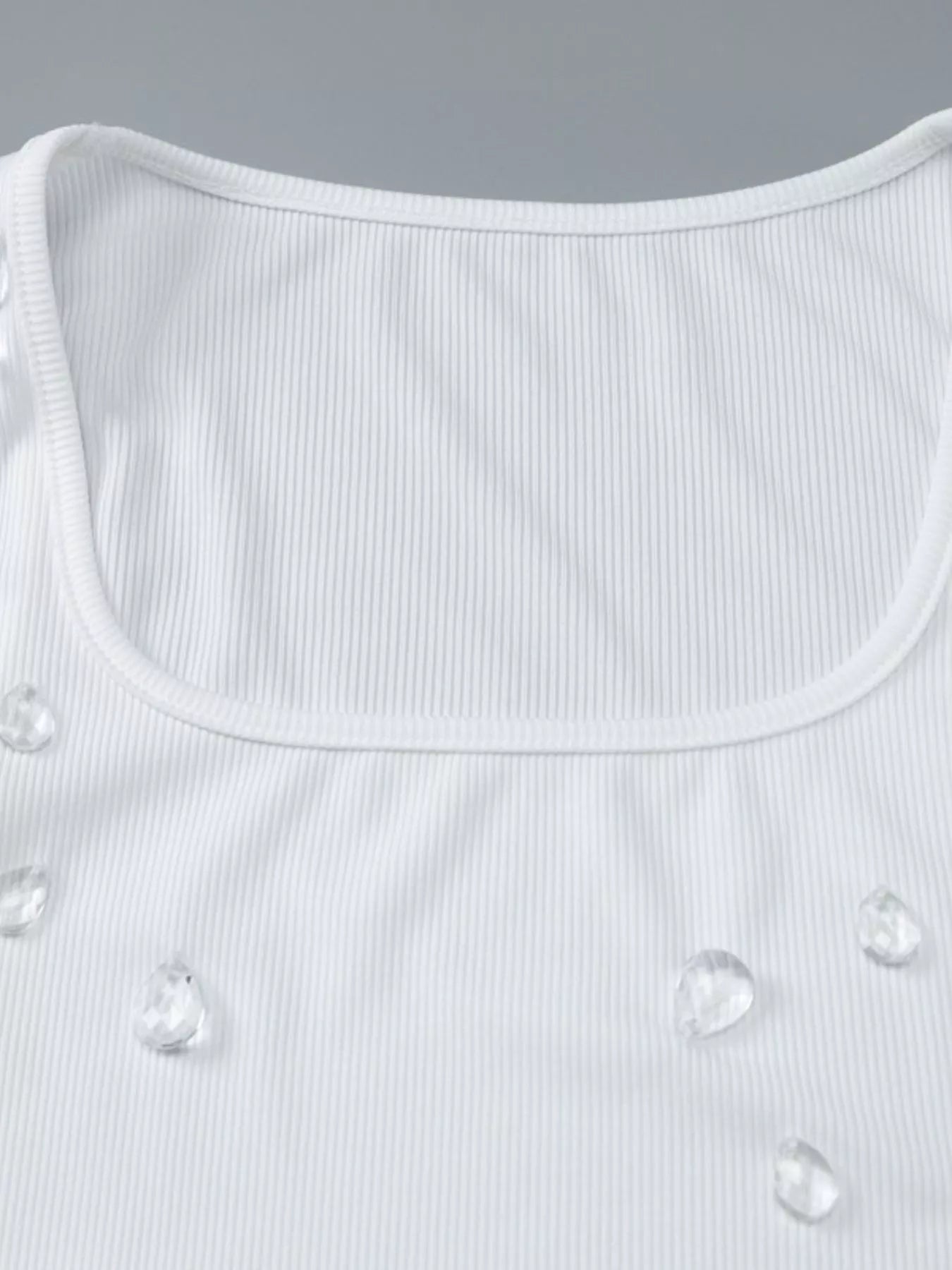 Bead embellished square neck tank top by Shopimist featuring intricate beadwork and a stylish square neckline.