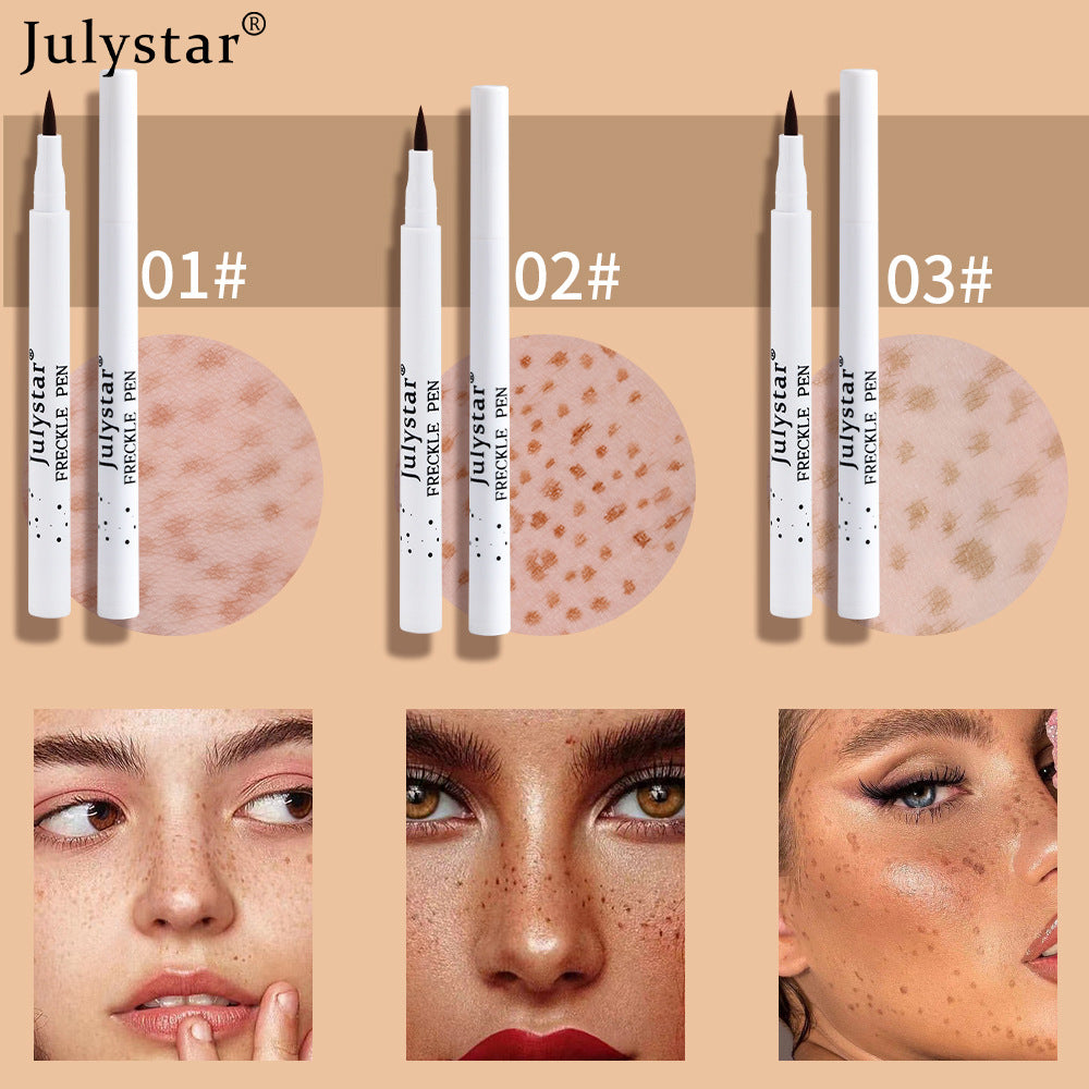 Three white Julystar freckle pens, marked 01#, 02#, and 03#, show swatches and models with faux freckles.