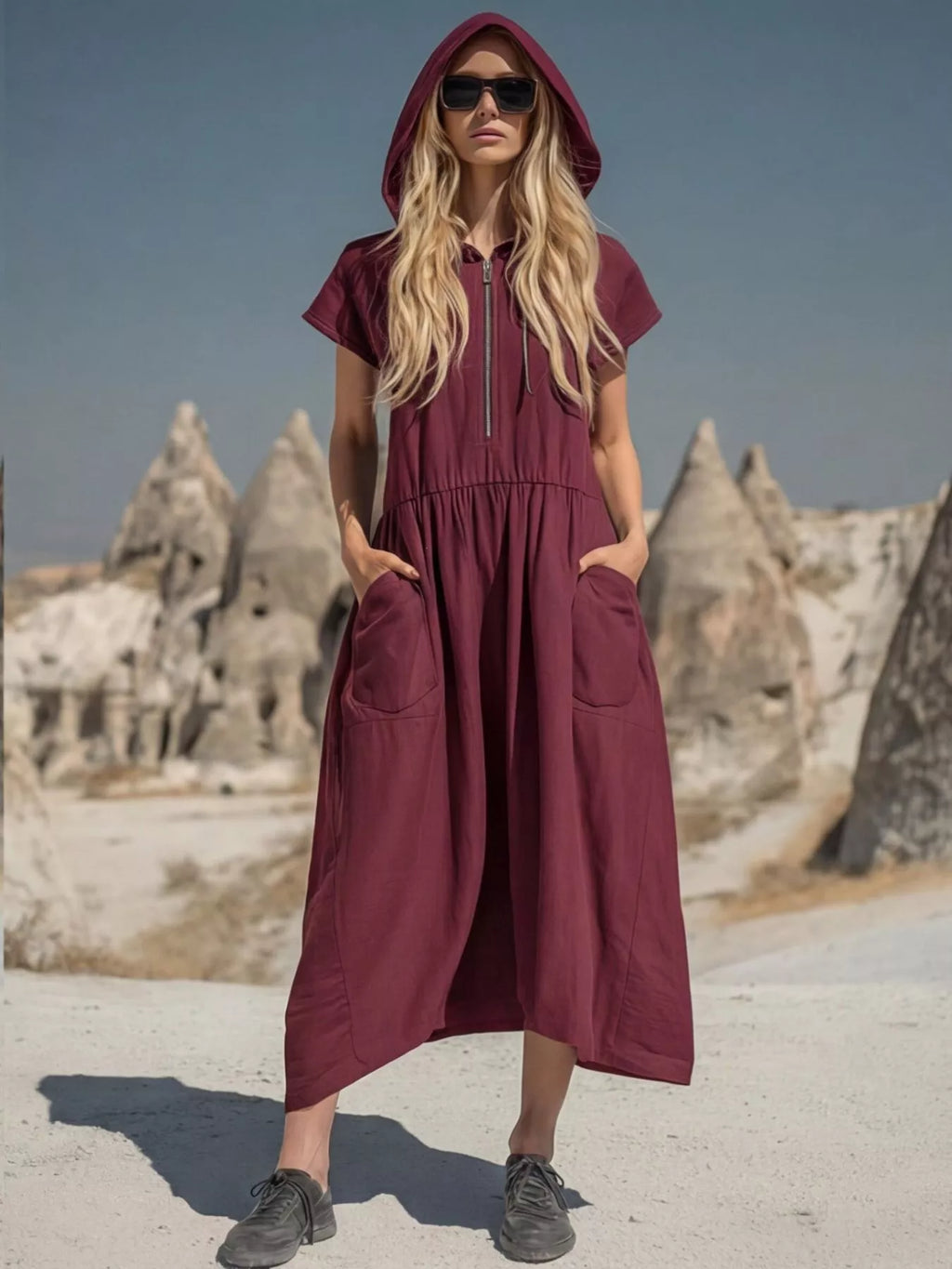 Plus size hooded midi dress by Shopimist featuring a front zipper, pockets, and a relaxed fit, perfect for casual wear.