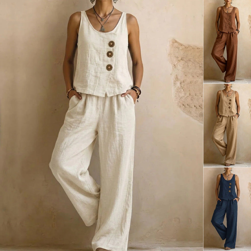 Women's sleeveless tank top and pants two-piece casualwear set by FitiqueFit, featuring a relaxed fit and comfortable fabric.