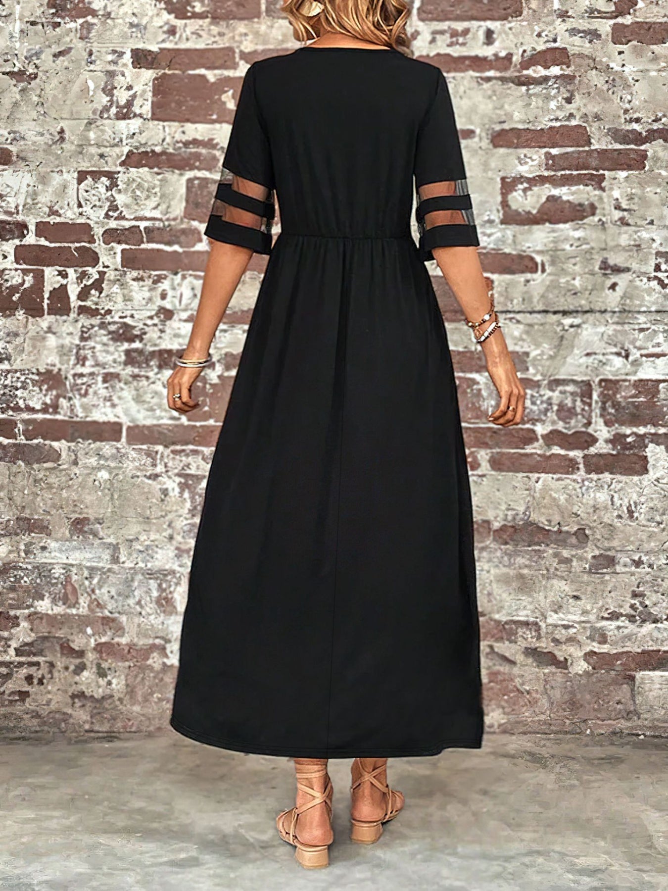 Plus size mesh sleeve round neck dress with pockets by Shopimist, featuring a stylish design and comfortable fit.
