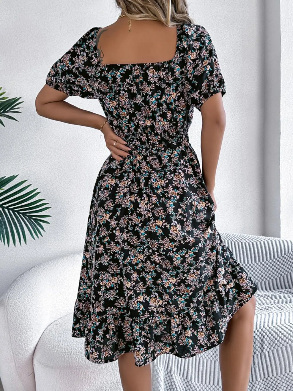 Floral puff sleeve dress with ruffled hem from Shopimist, featuring a feminine design and lightweight fabric.