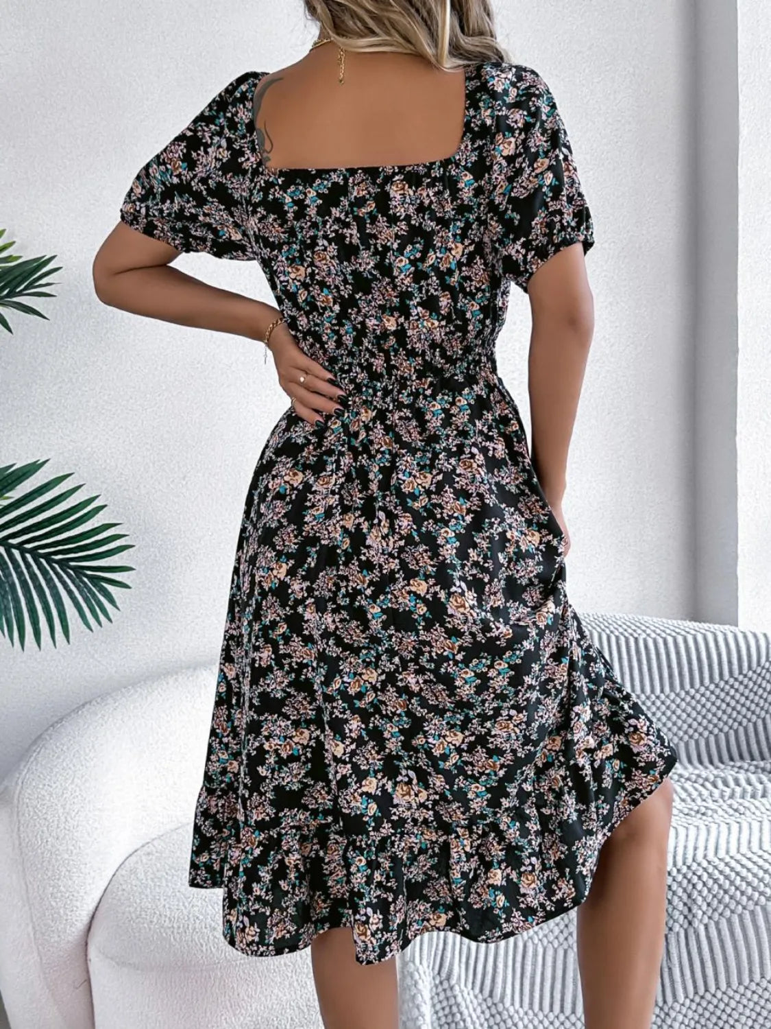 Floral puff sleeve dress with ruffled hem from Shopimist, featuring a feminine design and lightweight fabric.