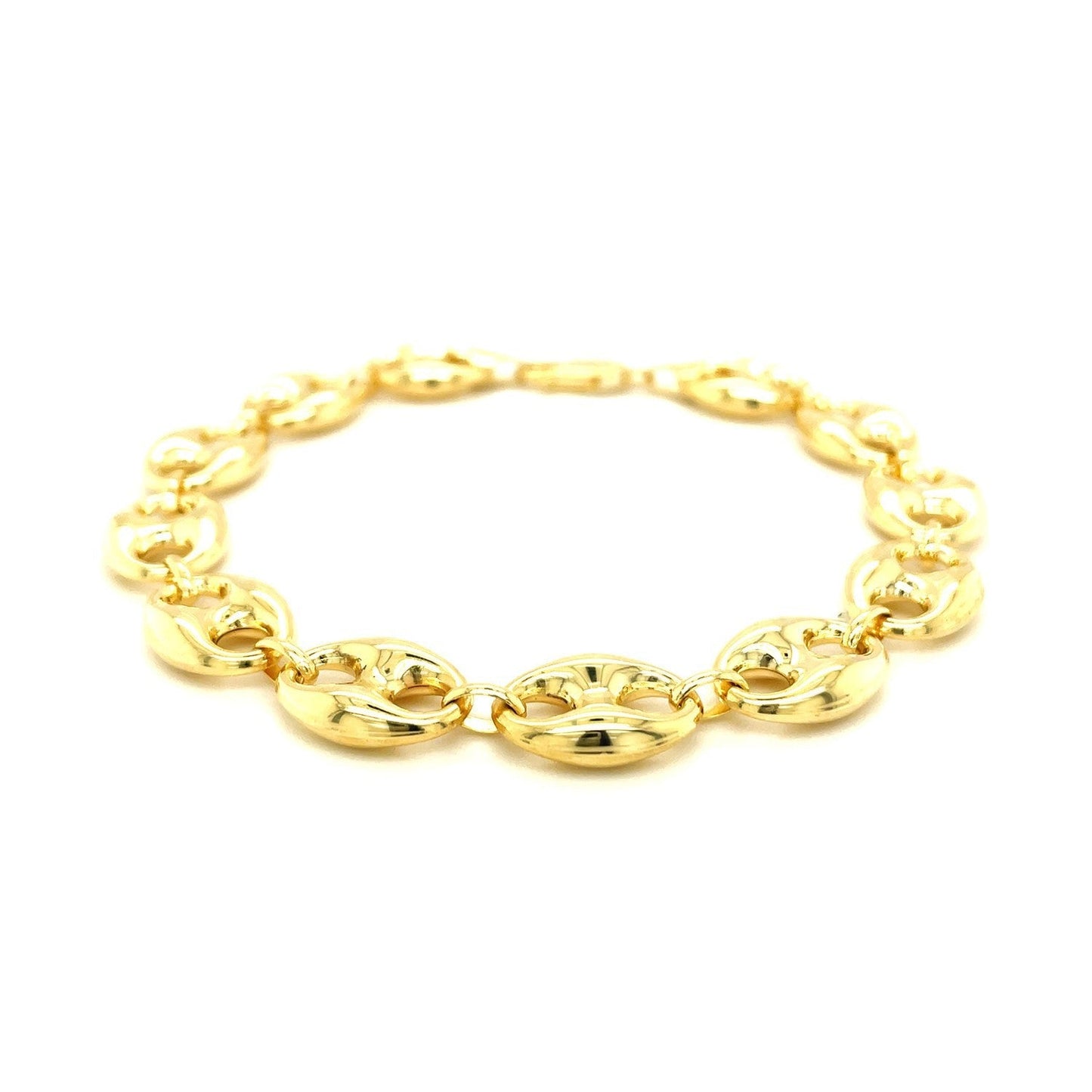 11.0mm 14k yellow gold puffed mariner link bracelet with polished finish, showcasing its elegant, interconnected chain links.