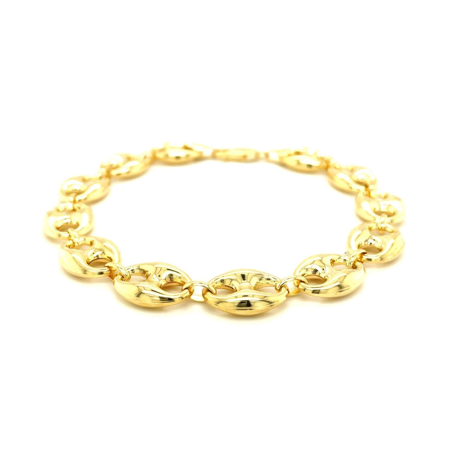 11.0mm 14k yellow gold puffed mariner link bracelet with polished finish, showcasing its elegant, interconnected chain links.
