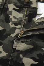 Camouflage print women's denim pants with multiple pockets, stylish and casual, by Shopimist.