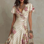 Plush Fashion Hub ruffled hem maxi dress with V-neck satin fabric and color block design, featuring an A-line silhouette.