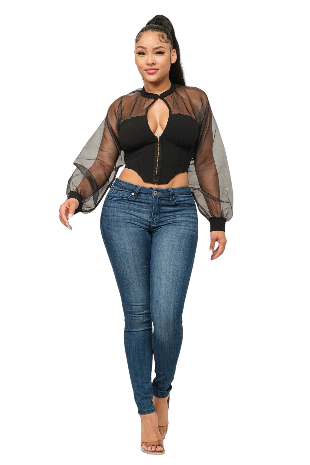 Blouse from The House of Stylez featuring front hook and eyelet, keyhole neckline, and stylish button details.