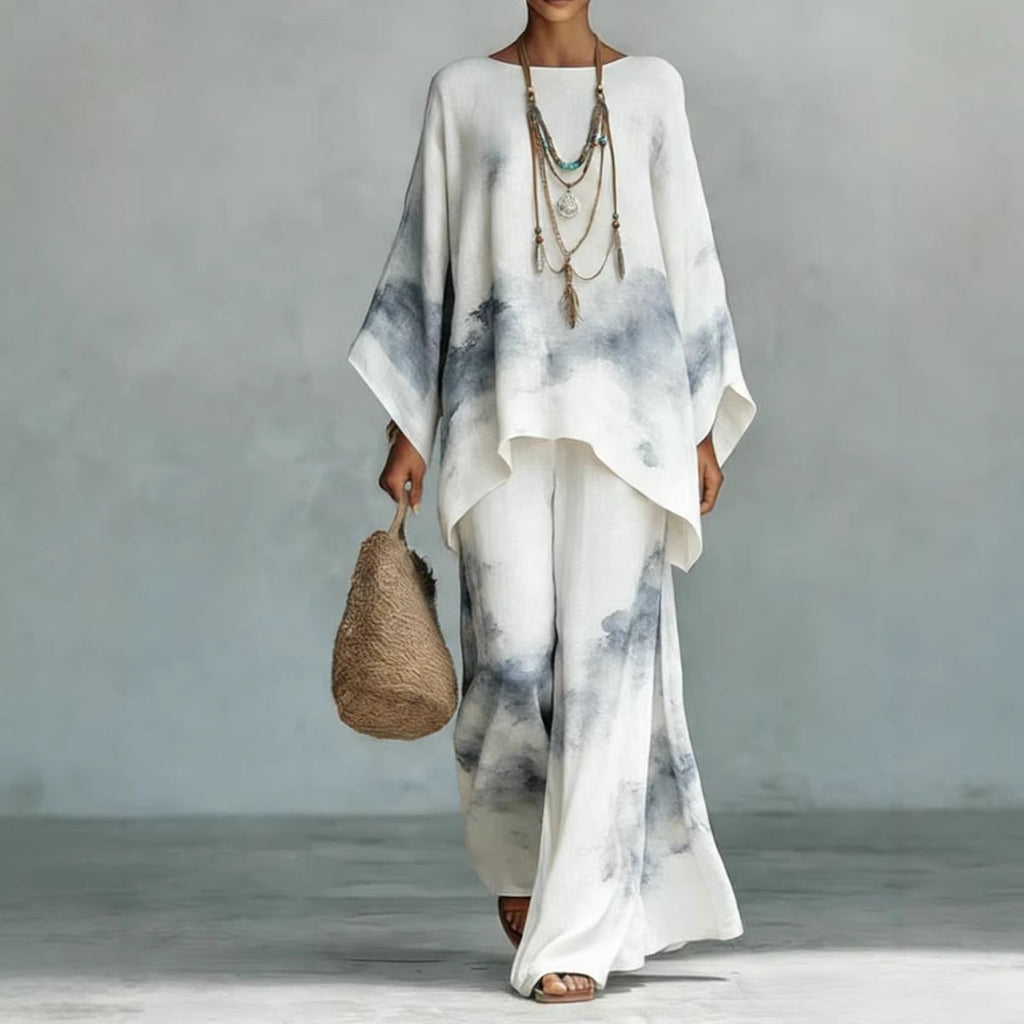 Floral print bamboo linen two-piece set with wide-leg pants by FitiqueFit, showcasing the vibrant floral design and relaxed fit.