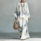 Floral print bamboo linen two-piece set with wide-leg pants by FitiqueFit, showcasing the vibrant floral design and relaxed fit.