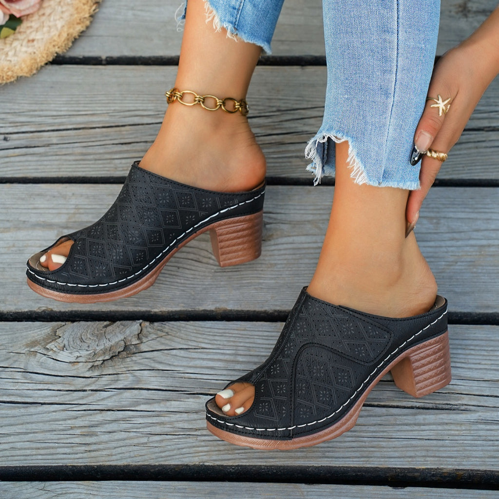 Women's chic peep toe block heel sandals by Trendsi, featuring a comfortable mid-heel design and stylish dress shoe style.