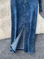 Frayed denim patchwork top and slit maxi skirt denim set by Shopimist, showcasing distressed details and casual boho style.