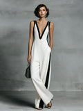 Women's color-block sleeveless V-neck jumpsuit with wide-leg pants, stylish casualwear by Plush Fashion Hub.
