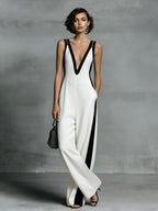 Women's color-block sleeveless V-neck jumpsuit with wide-leg pants, stylish casualwear by Plush Fashion Hub.