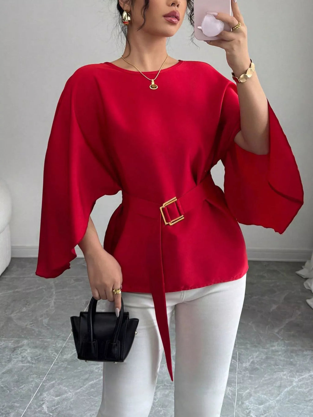Shopimist batwing sleeve belted blouse featuring flowy fabric and stylish design, shown on a mannequin.