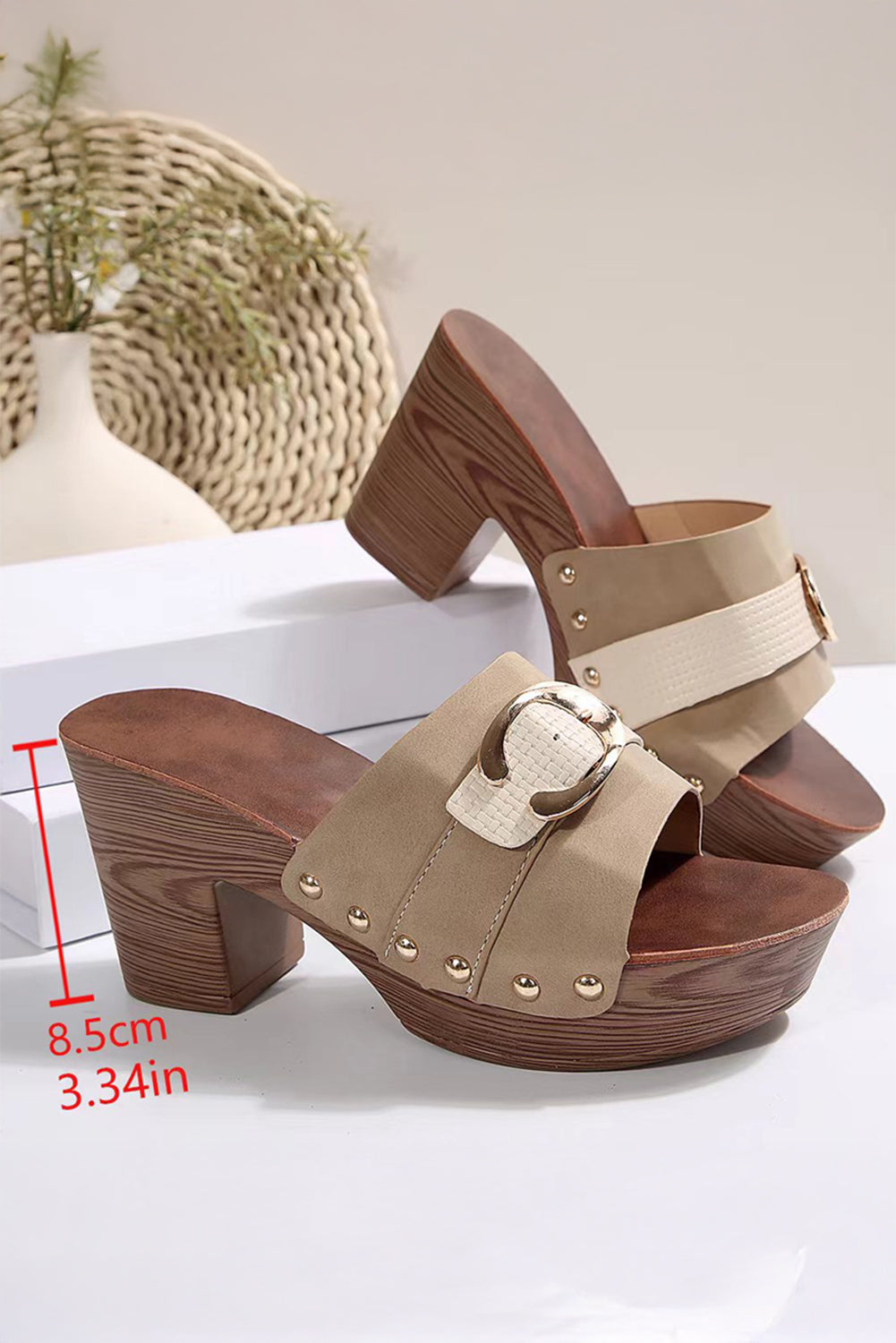 Threaded Pear Erin studded chunky heel slippers with plush interior and stylish design, perfect for cozy indoor wear.