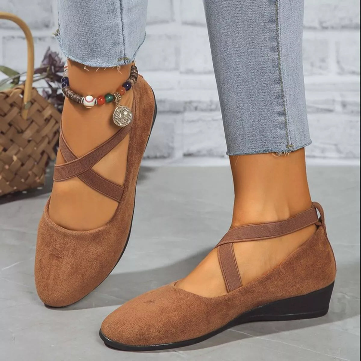 Round toe wedge loafers in neutral color, trendy footwear by Trendsi featuring a comfortable wedge heel and classic design.
