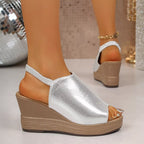 Open toe wedge sandals by Shopimist with tan leather straps and espadrille wedge heel, perfect for summer casual wear.