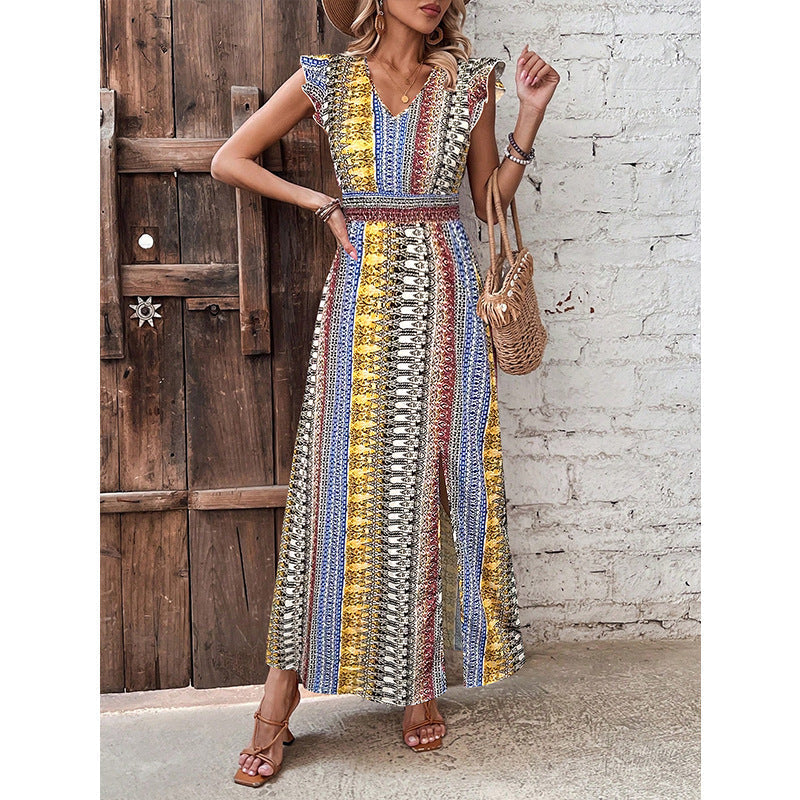Women's boho geometric print puff sleeve A-line maxi dress by FitiqueFit in three colors, featuring a flowing silhouette and stylish design.