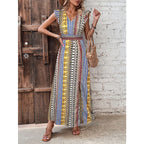 Women's boho geometric print puff sleeve A-line maxi dress by FitiqueFit in three colors, featuring a flowing silhouette and stylish design.