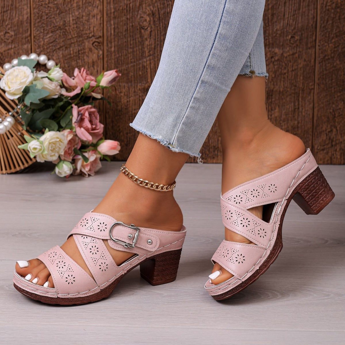 Women's open toe mid block heel sandals by Trendsi, stylish and comfortable dressy casual shoes with ankle straps and neutral tones.