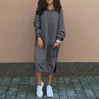 Women’s casual long-sleeved hooded sweater with front pocket and drawstring, in soft fabric, from Plush Fashion Hub.