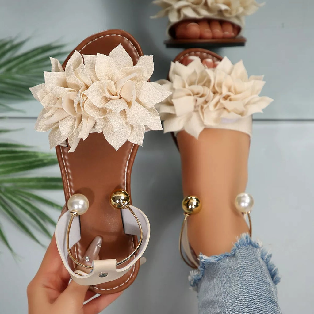 Shopimist floral decor flat sandals with colorful flower accents and open-toe design, perfect for casual summer wear.