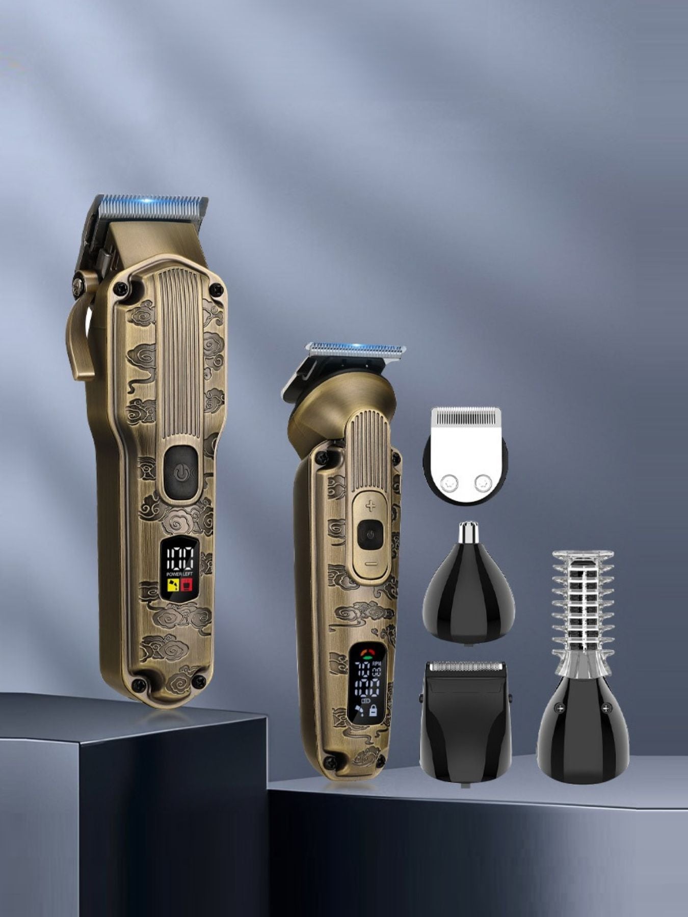 Professional 19-piece LED display hair clipper and grooming kit for men with various attachments and accessories for haircutting.
