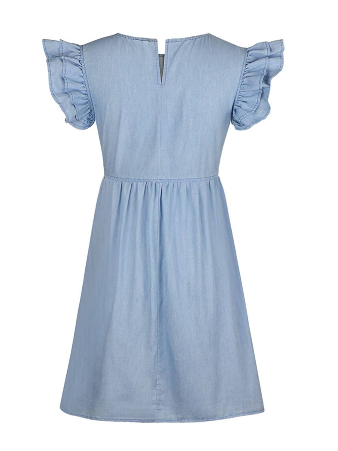 Full size ruffled round neck cap sleeve denim dress by Plush Fashion Hub, showing the stylish collar, ruffles, and cap sleeves.