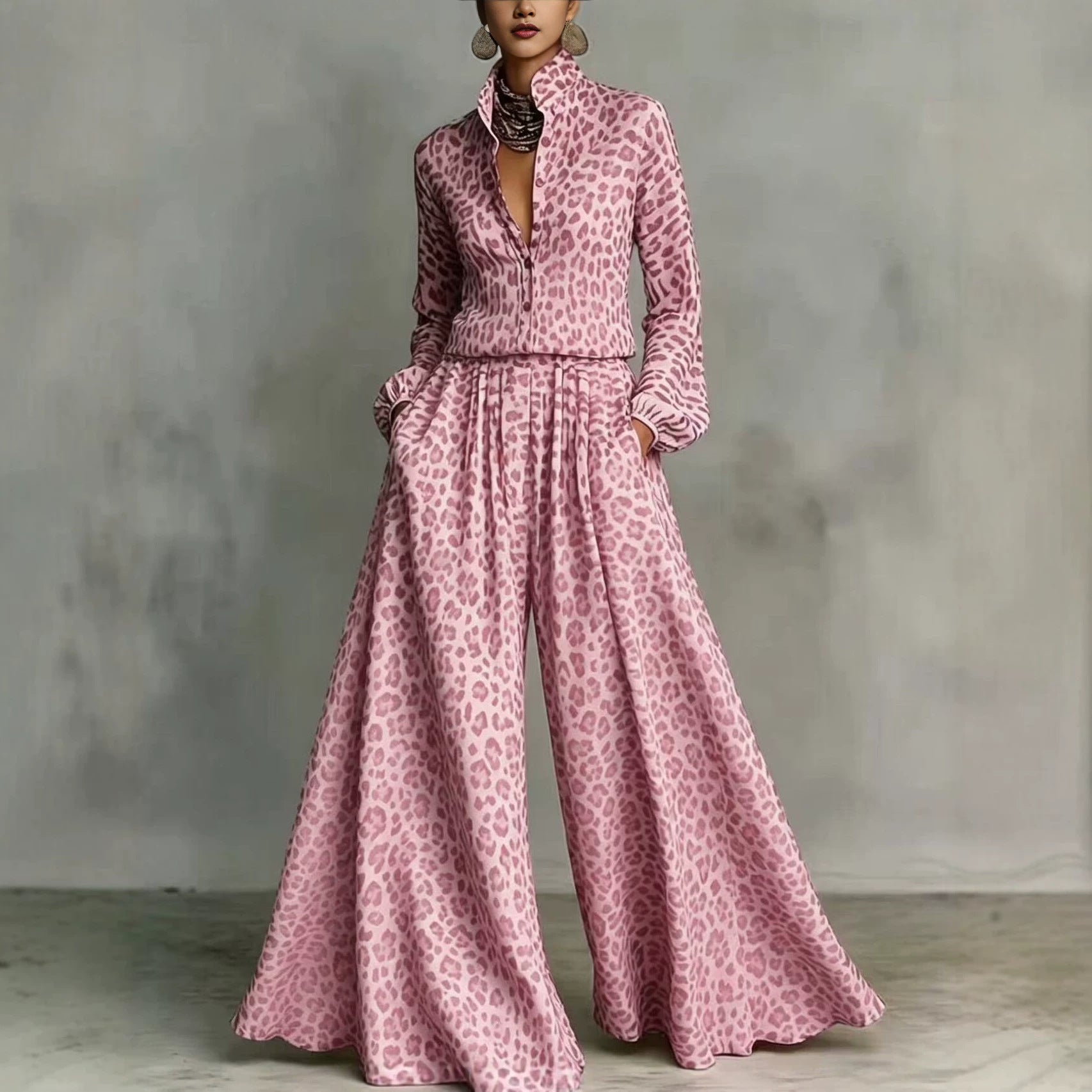 Leopard print wide-leg pants set for women, casual two-piece outfit from FitiqueFit, featuring a relaxed fit and stylish pattern.