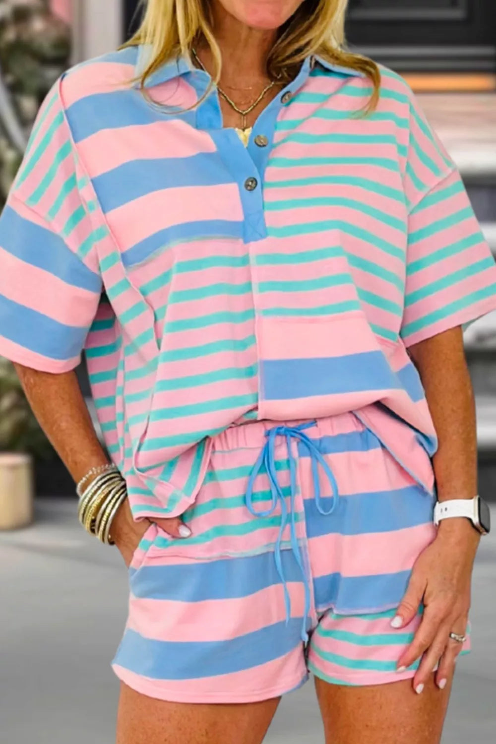 Stripe exposed seam mixed patchwork loose short set by Plush Fashion Hub, featuring colorful striped patterns and relaxed fit.