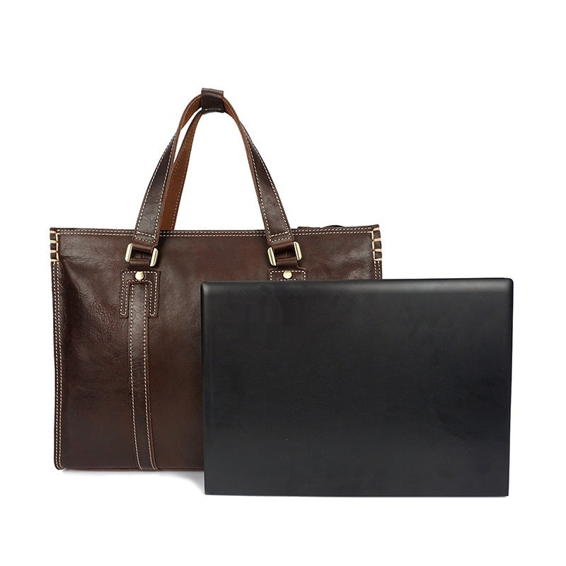 First layer oily cowhide leather shoulder messenger bag in natural brown, featuring a sleek design with adjustable strap.