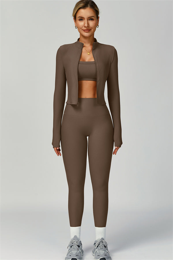 Fitglutes Activewear sports bra, jacket, and leggings 3-piece set, ideal for gym and workout sessions, featuring stylish, comfortable athletic wear.
