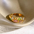 18K gold-plated colorful zircon ring with multi-colored stones, showcasing a vibrant, stylish jewelry piece.