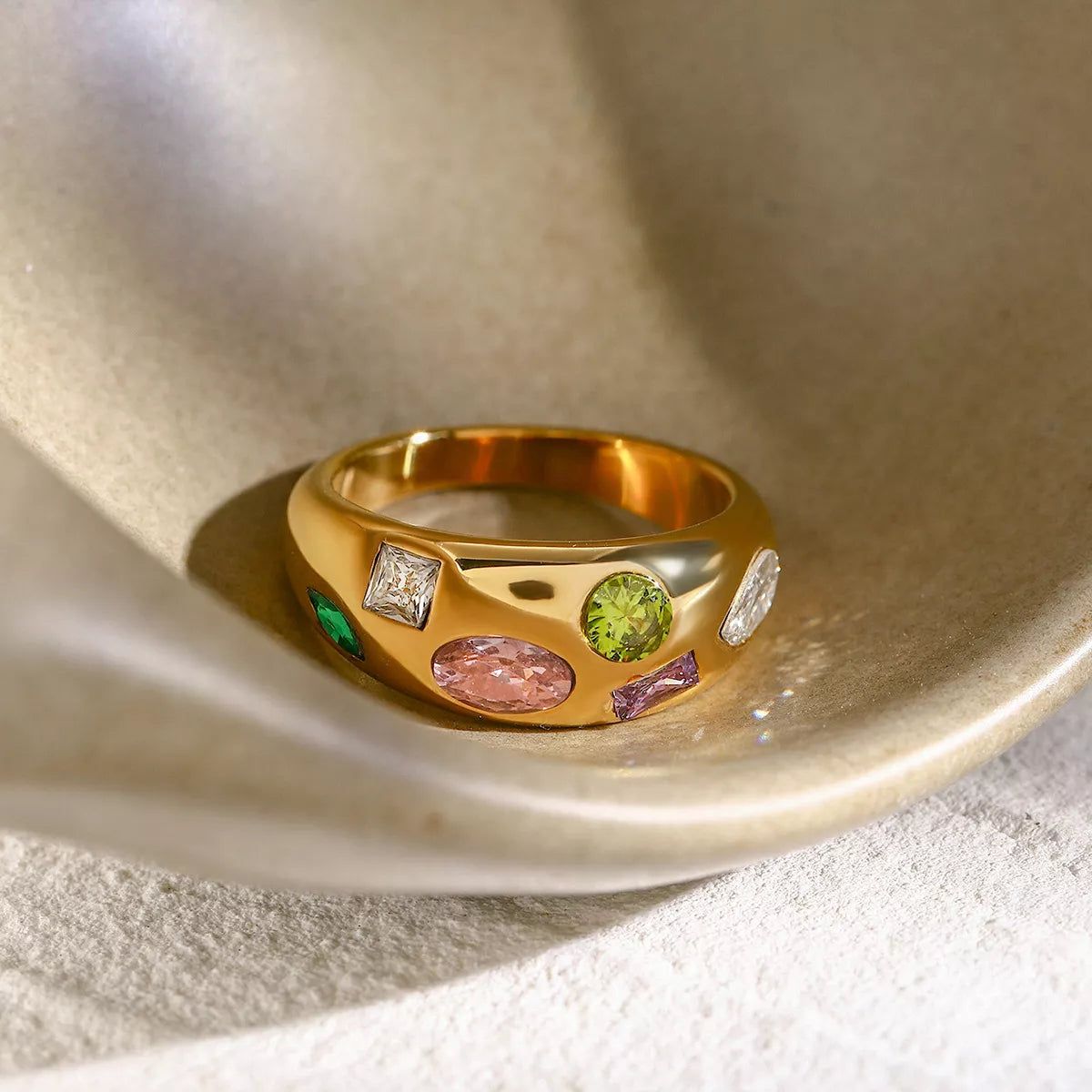 Colorful zircon ring with 18K gold-plated finish, featuring vibrant stones and a stylish design from Plush Fashion Hub.
