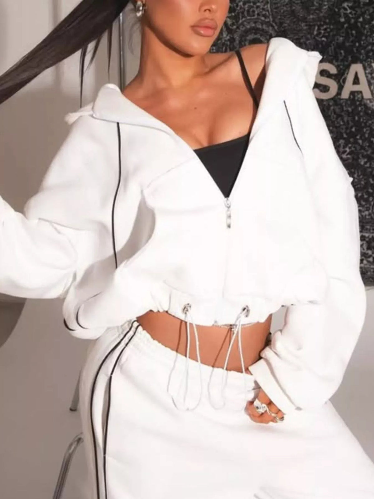 Trendsi cropped zip-up hoodie and wide-leg sweatpants lounge set, shown in soft fabric with relaxed fit and stylish design.
