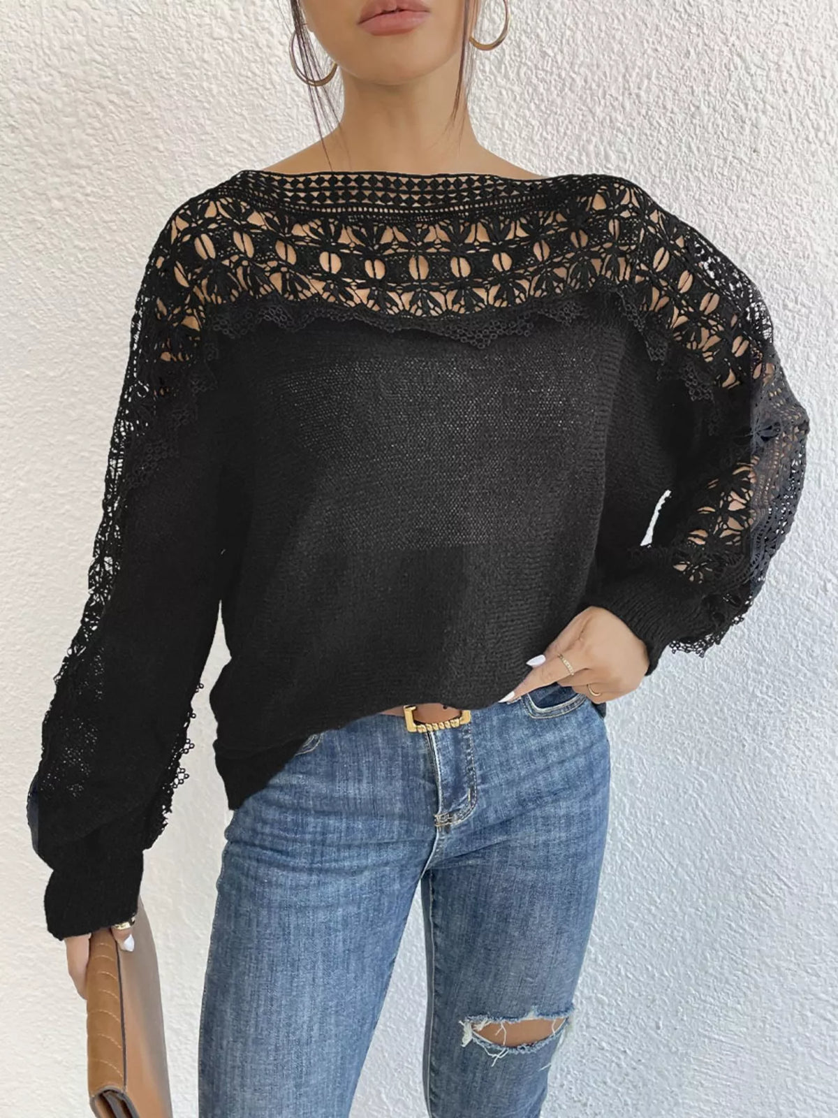Crochet long sleeve sweater by Plush Fashion Hub featuring a cozy, textured knit design in a neutral color.