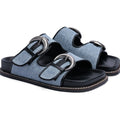 Light blue denim sandals with two straps, oversized silver buckles, black leather trim, and a contoured footbed.
