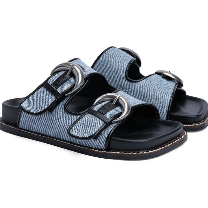 Minimalist denim strappy Roman sandals by Plush Fashion Hub featuring open toes and ankle straps for a stylish summer look.