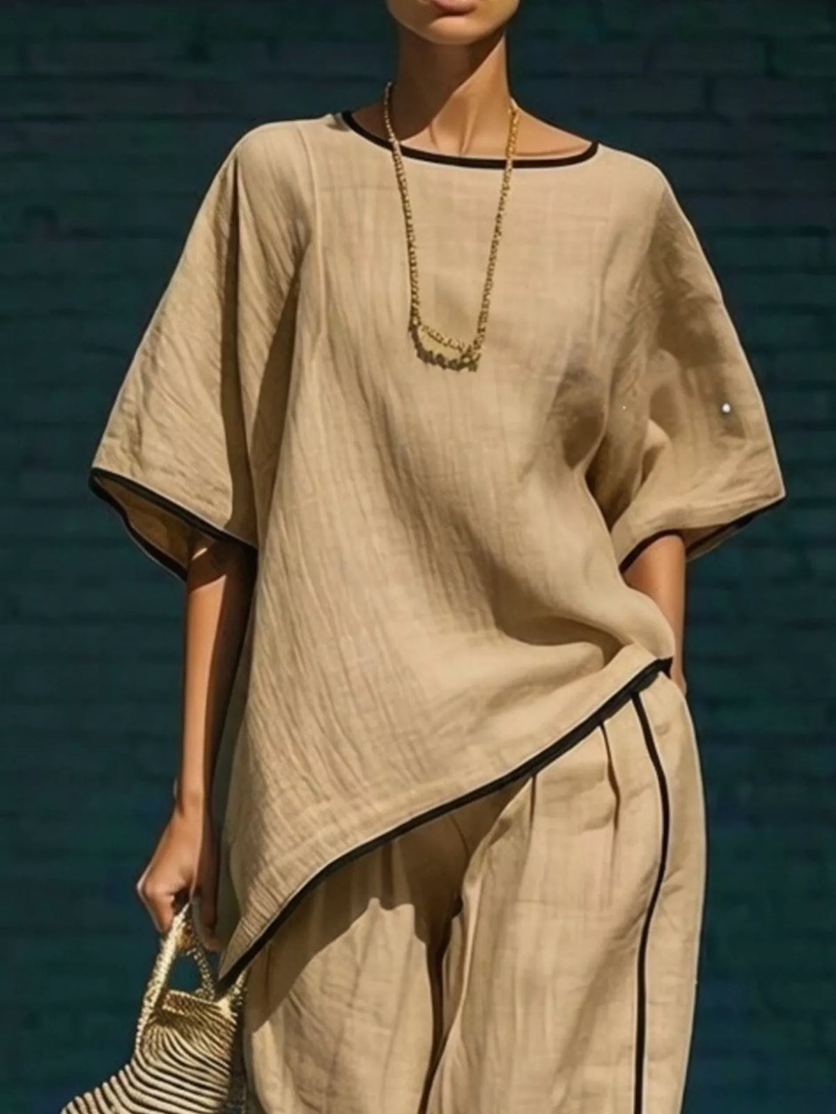 Contrast trim round neck top and matching pants set by Plush Fashion Hub, featuring a stylish and comfortable design.